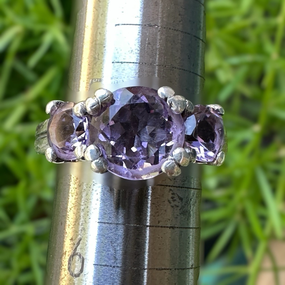 VTG Ring Size 5.25 Natural Purple Amethyst 3-Stones Jewelry 925 Sterling 3.7g